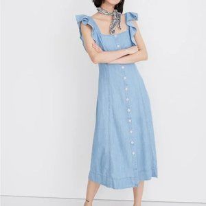 Madewell Chambray Denim Princess Seamed Button Front Dress Ruffle Sleeves